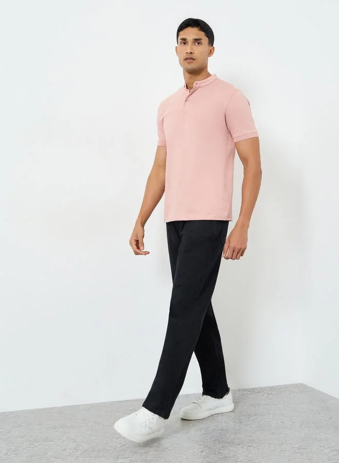 Styli Men Pink Cotton Compact Jersey Mandarin Polo